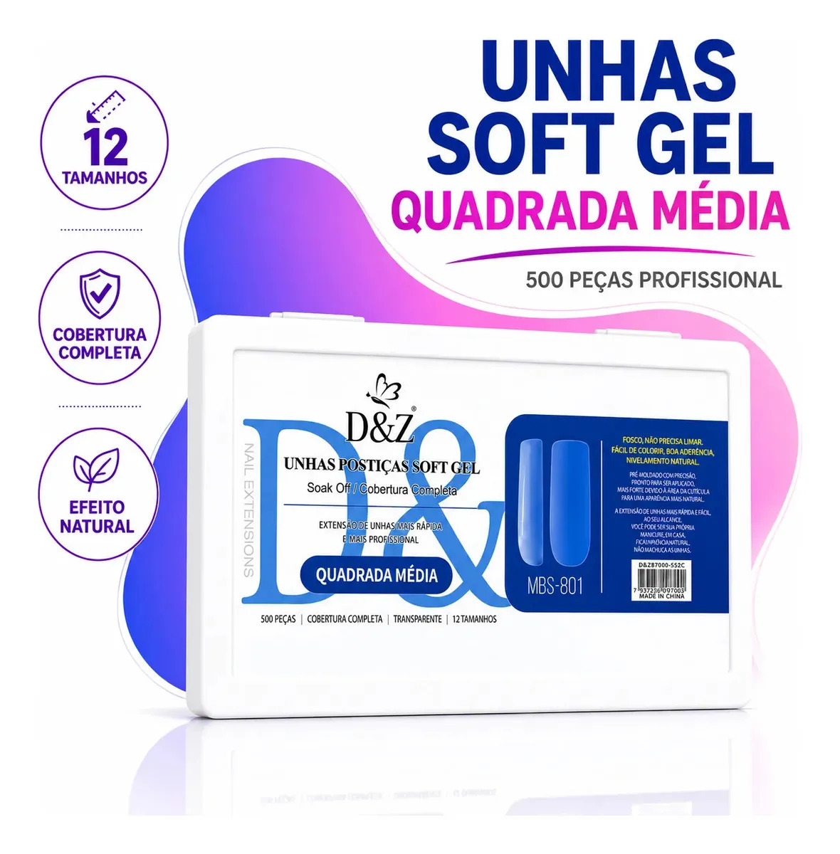 Unhas Postiças Soft Gel D&z Quadrada Média 500 Peças 12 Tamanhos