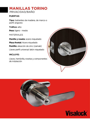 Cerradura De Manilla Tubular Torino Dormitorio Visalock