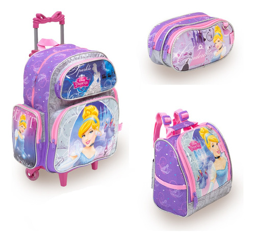 Kit Bolsa Escolar Menina Cinderela Carrinho Passeio Creche