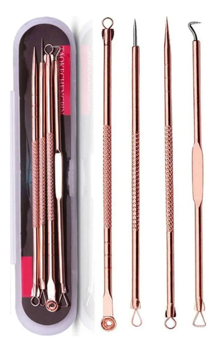 Kit 4 Extrator Cureta Removerdor Cravos Espinhas Acne Inox Poros Limpeza Facial