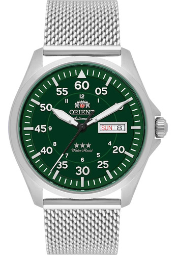 Relógio Orient Sport Air Flieger Automatico Yn6ss009 E2sx Correia Prateado Bisel Prateado Fundo Verde