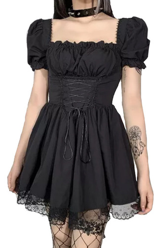 Mini Vestido Gótico Lolita De Mujer Con Encaje Punk