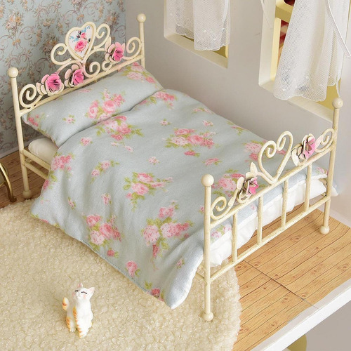 1: 12 Cama Europea En Miniatura, Mini Ropa De Cama Floral