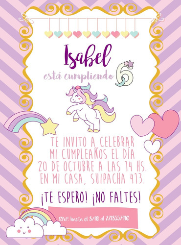 Tarjeta Invitación Unicornio Imprimible Personalizada