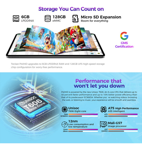 Tablet Teclastp40hd10.1 6gb+128gb Memoria Dual Sim Android12