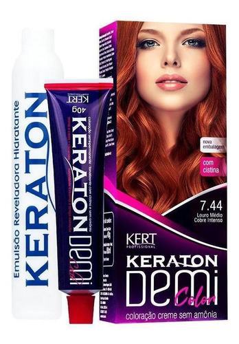 Coloração Keraton Demi Color Louro Médio Cobre Intenso 7.44
