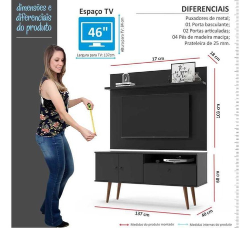 Imagem 4 de 4 de Rack Com Painel Pequeno 1.37m P/ Tv Até 46 Topazio Preto