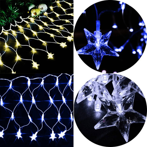 Rede De Led C/ Estrela Na Ponta 160 Leds Decoração De Natal Luzes Azul