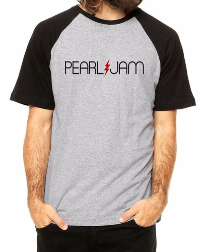 Camiseta Pearl Jam - Lightning Bolt Raglan Cinza Banda Rock 