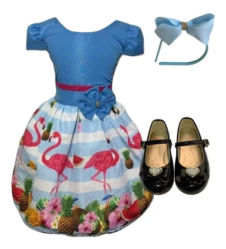 Vestido Infantil Flamingo C/ Manga + Sapatilha + Tiara