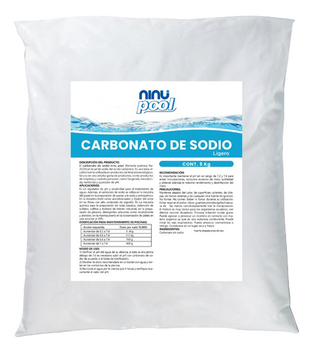 Imagen 1 de 5 de Carbonato De Sodio Ligero Ninu 5 Kg Nivelador De Ph