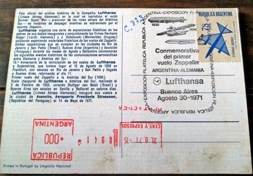 Postal Lufthansa Primer Vuelo Zeppelin Argentina 1971