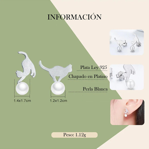 Aretes Diseño Gatos Gatitos Con Perla Auténtica Plata S925