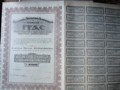 Congo Belga Apolice 100 Fr Ind. Tr. Automobiles Itac 1928