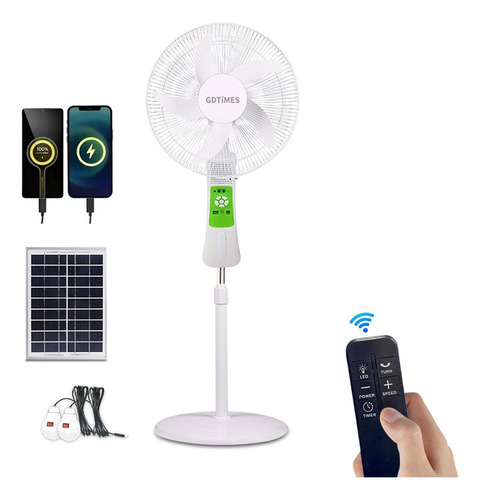 Ventilador Solar Recargable Portátil De 16 Pulgadas Con Luz 43 Cm Blanco Verde Abs 5