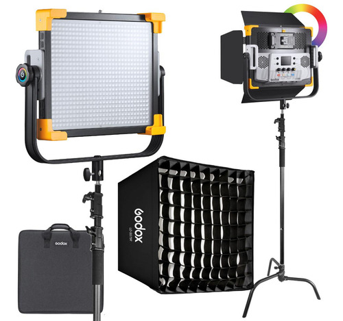 Kit Painel Led Godox Ld75r Com Softbox Grid E Tripé C-stand Estrutura Preto E Amarelo Luz Fria, Quente, Rgb