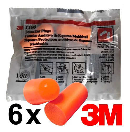 6 Tapones Oido 3m Protector Auditivo Suave 1100 Envio Gratis