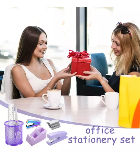 Juego de accesorios de escritorio morados, kit de suministros de oficina de  regalo morado, juego de grapadora y dispensador de cinta con removedor de