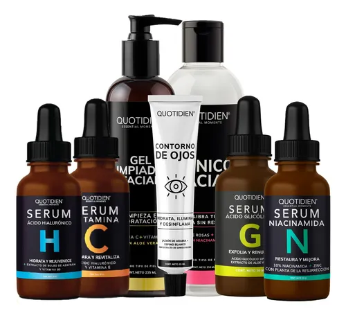 comprar Kit Limpiador Facial + Tonico Facial + Serum Vitamina C + Suero Acido Hialuronico + Serum Niacinamida + Suero Ácido Glicolico + Gel Contorno De Ojos Quotidien Kit Hidratacion Facial - Paquete