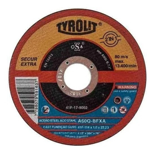 Disco De Corte Tyrolit Secur 115mm X 1.6mm P/ Hierro Chapa