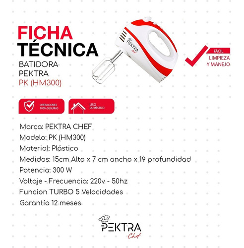 Imagen 7 de 10 de Batidora De Mano Electrica Pektra 5 Velocidades 300w Turbo