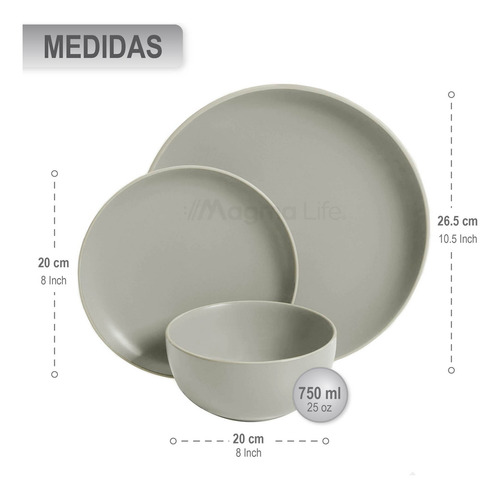 Magma Life Juego De Vajilla Moderna VA1GR Stoneware De Cerámica Color Gris De 12 piezas Para 4 Personas