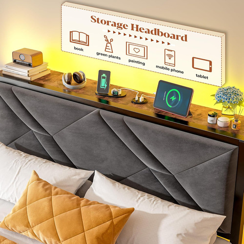 Base De Cama Matrimonial Con Luz Led,6 Cajones Marron Marron Vintage