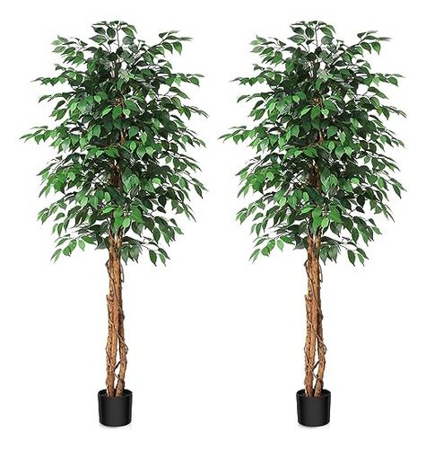 6ft Artificial Ficus Tree With Natural Wood Trunk, Silk...