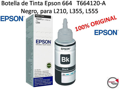 Botella De Tinta Epson 664, Negro, Para L210, L355, L555