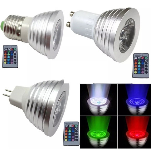 Lámpara Mr16 Led Rgb Dicroica Bipin C/ Control Remoto 3w 12v