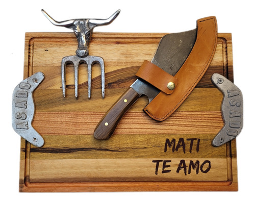 Kit Parrillero Tabla Madera Asador Hacha Garra Personalizado