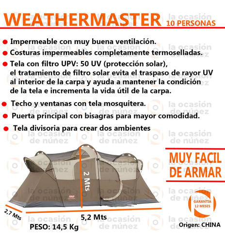 Imagen 2 de 7 de Carpa Weathermaster Coleman 10 Personas Camping 2 Habitacion