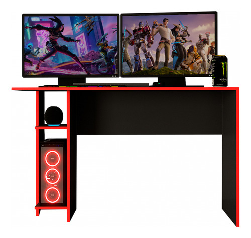 Mesa Gamer Vênus 2 Prateleiras Preto Fosco/vermelho -