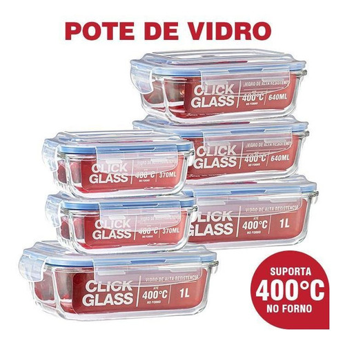 Kit Com 8 Potes De Vidro Click Glass Premium 100% Herméticos