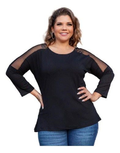 Blusa Feminina Manga Longa Em Visco E Tule Plus Size Mazal