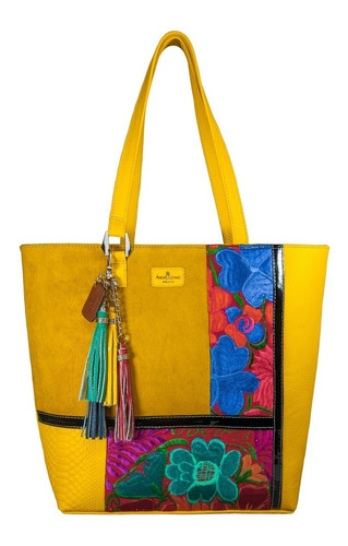 Bolso Victoria Piel Bordado Artesanal Bolsa Angelozano Envio Color Amarillo Diseño de la tela Floreado