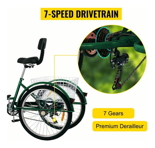 Vevor Triciclo Adultos 7 Velocidades Bicicleta 26 PuLG Cesta