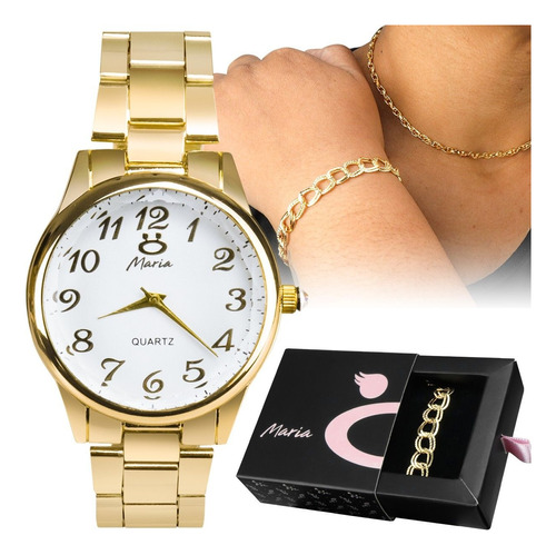 Relógio Feminino Strass Banhado Dourado + Colar + Pulseira