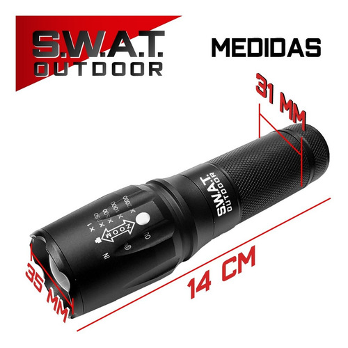 Imagen 7 de 10 de Linterna Táctica Led Swat Outdoor X15 Usb Accesorios 2 Pilas