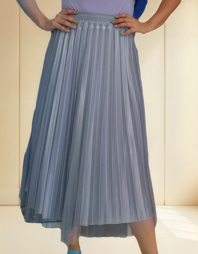 Falda Midi Tul Y Satin 2 Vistas Tableada Resorte Tiro Alto
