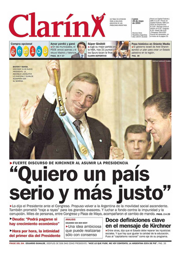Tapa Diario Clarín 26/5/2003 Asunción Néstor Kirchner