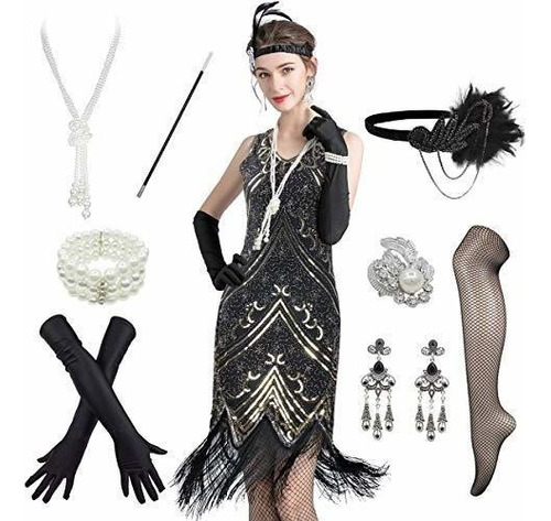 Mujeres 1920s Vintage Flapper Fringe Gatsby Party Traje...