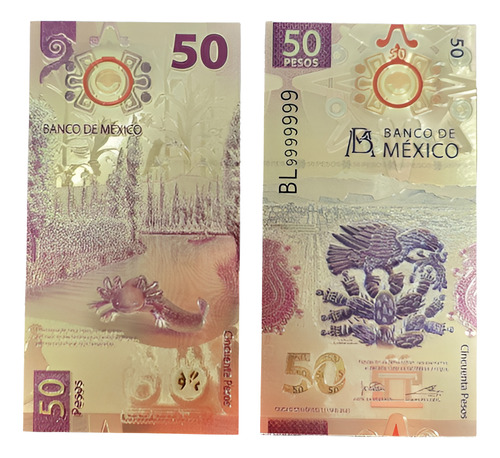 3 Billetes 50 Pesos Ajolote Dorado Oro Laminado México Suert
