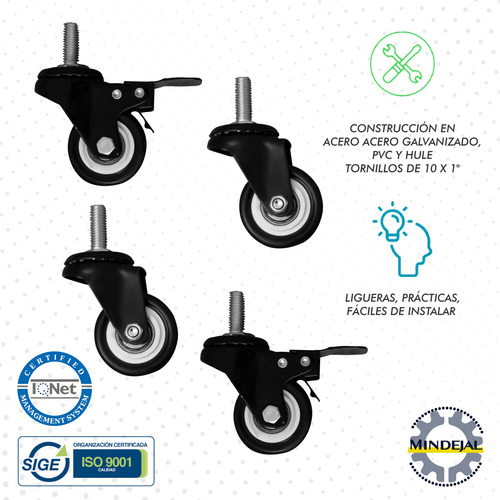 Pack 4 Ruedas/llantas Hule Pvc 2 Pulgadas Freno Giratorias Ruedas Acero