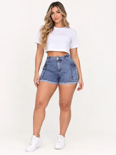 Short Jeans Feminino Cargo Cintura Alta
