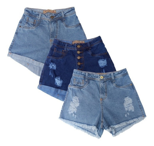 Imagem 1 de 5 de Short Brim Jeans Cintura Alta Hot Pants Coloridos Kit C/3