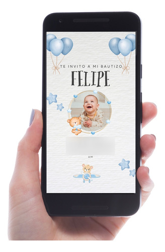 Invitación Digital Bautismo Ositos - Blue Balloon Celeste