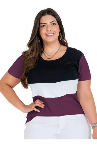 Blusa Feminina Mangas Curtas Tricolor Contrastante Plus Size