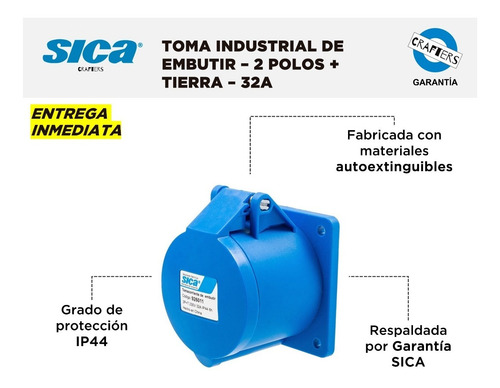Imagen 2 de 6 de Toma Industrial Sica De Embutir - 2 Polos + Tierra - 32a