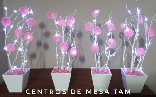 Centros De Mesa, Arbolitos, Con Luz Led Y Flores En Organza